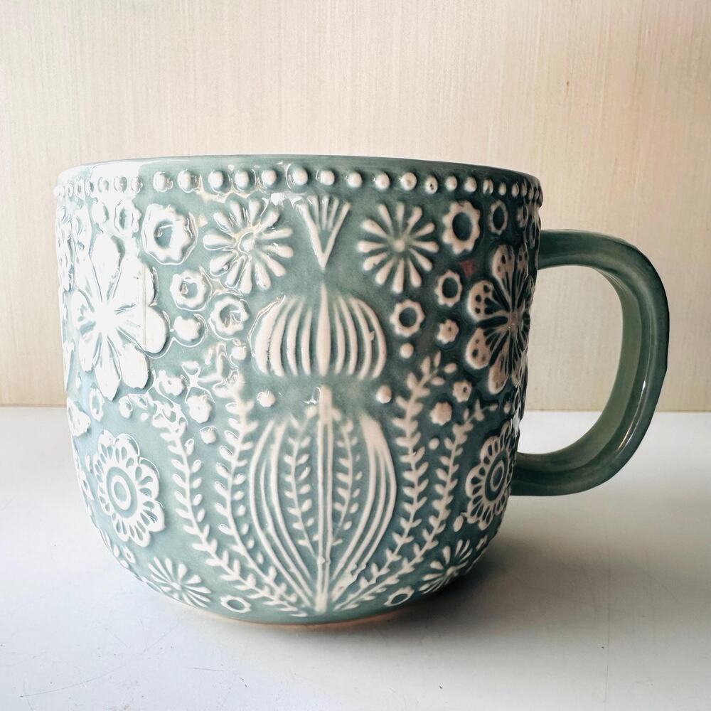 Retired World Market Jolly Hearts Coffee Tea Mug Oversize Blue Embossed Flowers - Picture 2 of 9